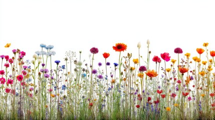 Vibrant Wildflower Meadow with a Rainbow of Colors and Natural Beauty Over a White Background