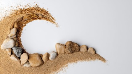 Artistic Arrangement of Sand and Stones Creating a Wave Shape on a White Surface for Nature and Serenity Concepts