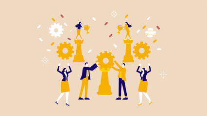Fototapeta premium Teamwork and achievement illustrated with people gears trophies and chess pieces in a celebratory scene