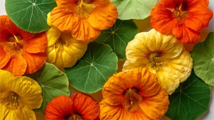 Bright and Colorful Nasturtium Flowers with Green Leaves in a Vibrant Floral Arrangement for Nature Enthusiasts