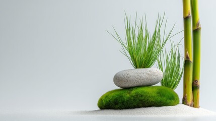 Tranquil Zen Garden with Stones, Green Grass, and Bamboo for Meditation and Relaxation Setting in Minimalist Design