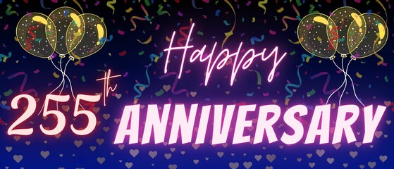 255th anniversary neon calligraphy text and number. Confetti and balloon isolated on elegant blue gradient background, sparkle, design for greeting card, print. Two hundred fifty five anniversary