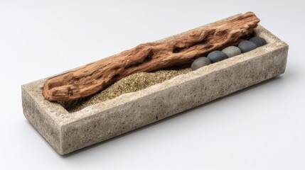 Elegant decorative arrangement featuring natural wood, smooth stones, and fine sand in a minimalist concrete dish