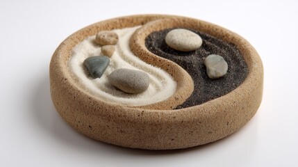 Elegant Yin Yang Design with Sand and Stones Representing Balance, Harmony, and Nature's Beauty in a Minimalist Style