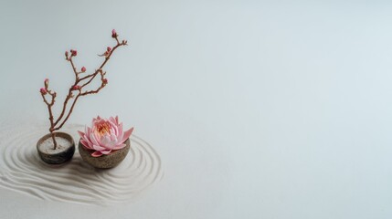 Tranquil Zen Garden with Pink Lotus Flower and Cherry Blossom Branch in Sand Ripple Design for Relaxation and Meditation