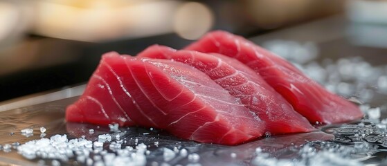 Freshly Cut Red Tuna Slices Decorated With Sea Salt on a Mirror Surface