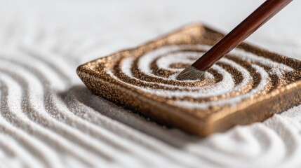 Delicate Zen Garden Design with Brush Creating Patterns in Fine White Sand on Elegant Golden Tray