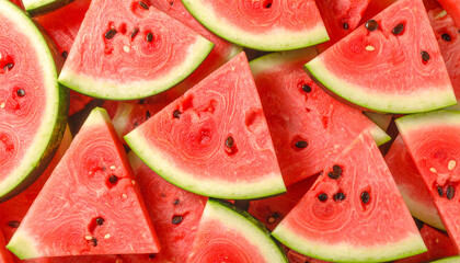 Watermelon Summer: A vibrant collection of juicy watermelon slices, showcasing their bright red flesh and dark seeds, perfect for summer refreshment.