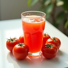 Tomato Juice in Glass Surrounded by Fresh Tomatoes on White Table