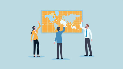 Three people pointing at a world map on a wall in a light blue room with a grid background design