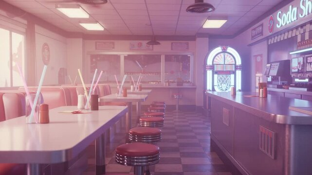 Retro diner with booths, counter, stools, jukebox, and pink lighting