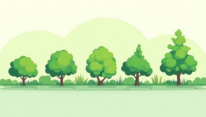 Cartoon Trees Illustration in a Row with Green Field and Sky