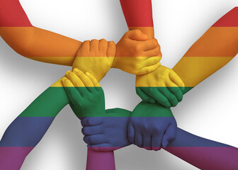 LGBT, LGBTQ gay pride month awareness with rainbow ribbon flag on circle of children hands holding together isolated on white background for LGBTQIA+, International Day Against Homophobia