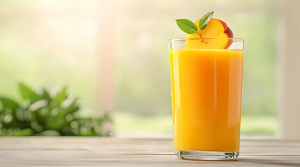 Fototapeta premium Peach Smoothie In Glass On Wooden Table