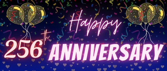 256th anniversary neon calligraphy text and number. Confetti and balloon isolated on elegant blue gradient background, sparkle, design for greeting card, print. Two hundred fifty six anniversary