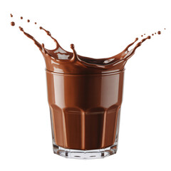Chocolate milk splash in glass cup isolated on transparent background realistic, 3d drink splash render.