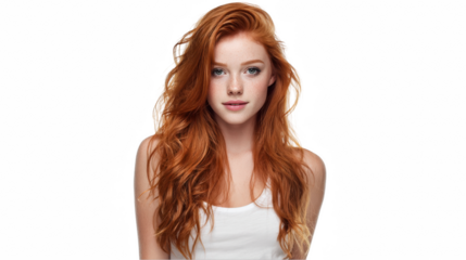 Studio shot of a young redhead woman with long wavy hair wearing a white outfit, posing confidently against a transparent background, showcasing a natural and stylish look