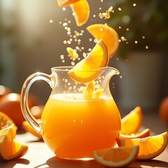 Pouring Orange Juice Into Glass Pitcher with Slices Falling
