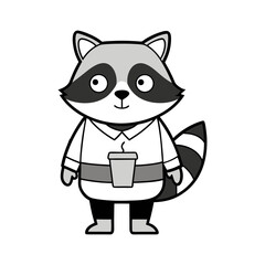 Cute cartoon raccoon character holding coffee cup