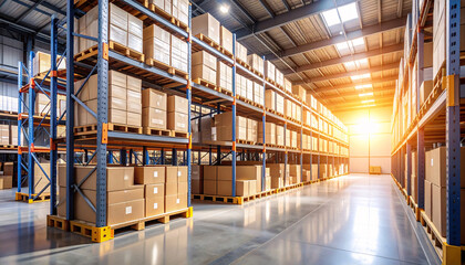 Warehouse Interior at Sunset: Long aisle stretches through a massive warehouse, filled with towering shelves stocked with cardboard boxes bathed in sunlight.