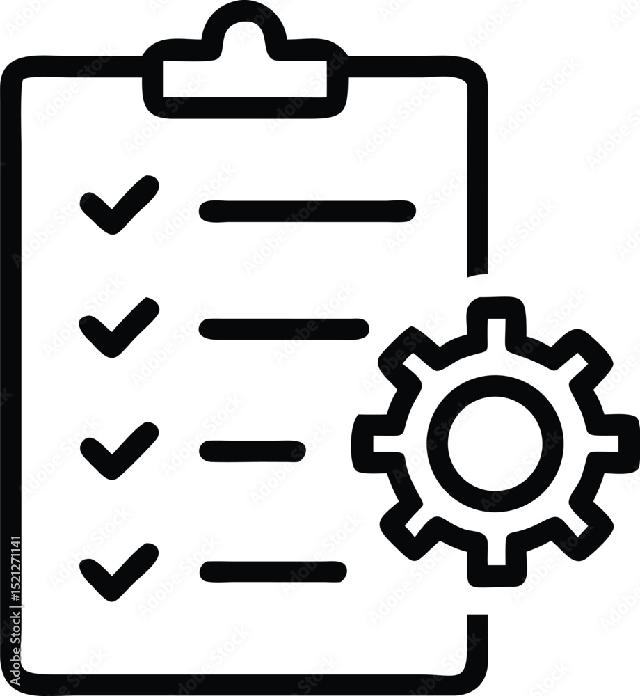 Poster checklist task management with gear icon for process automation and project configuration setup