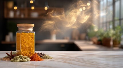 artistic professional photo of spice jar mockup in modern kitchen with blurred background, perfect lighting, realistic and cinematic style
