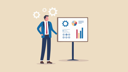 Man presenting data on a whiteboard with gears floating above his head in a business setting