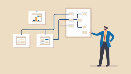 Man presenting a flowchart with connected dashboards and data visualization elements on a board diagram