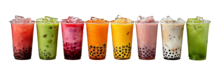 Variety of fruit-flavored bubble teas with ice cubes and tapioca pearls arranged in a row.