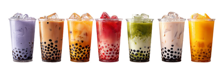 Colorful selection of iced bubble teas with tapioca pearls, isolated on white background.