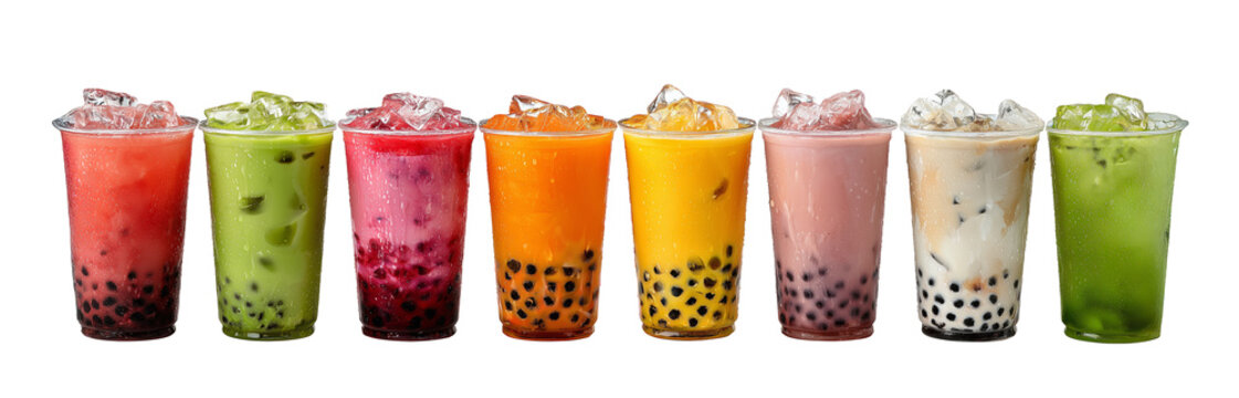 Variety of fruit-flavored bubble teas with ice cubes and tapioca pearls arranged in a row.