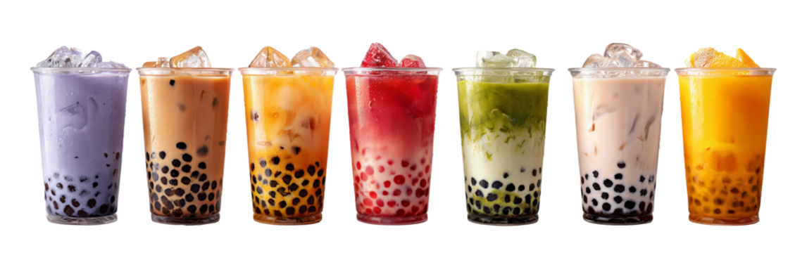 Colorful selection of iced bubble teas with tapioca pearls, isolated on white background.
