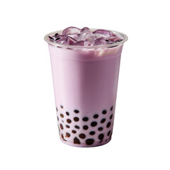 Minimal purple bubble tea with black pearls and ice in a clear plastic cup over white background.