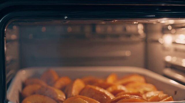 Rustic squash casserole slowly baking inside home kitchen oven, golden brown surface bubbling with seasonal warmth and aromatic comfort