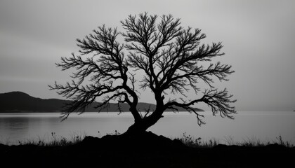 Silhouette of a Leafless Tree Against a Foggy Water Landscape in Black and White