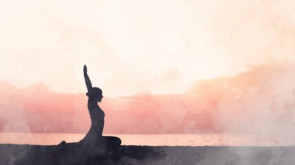 Early morning yoga silhouette by the sea, with soft gradient sky, minimalist composition, watercolor effect, white space emphasis.