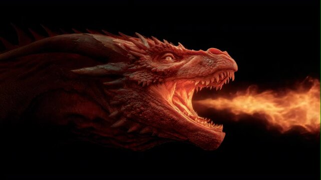 red dragon with burning on black background