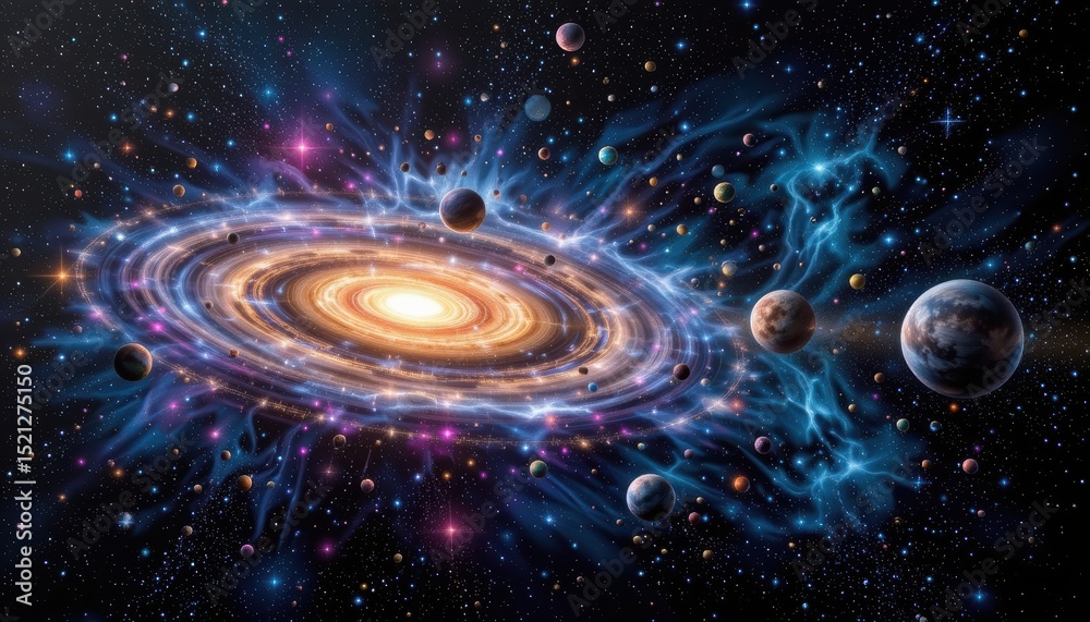 Wall mural vibrant spiral galaxy with bright core surrounded by multiple planets in deep space