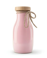 A charming pink milk bottle with a natural wooden lid and rustic twine tied around its neck, beautifully isolated on a pure white background. 