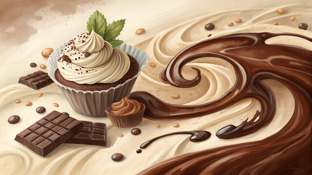 Decadent Watercolor Illustration Chocolate Swirl Background in Rich Browns & Creamy Whites – Indulgent & Appetizing with Copy Space