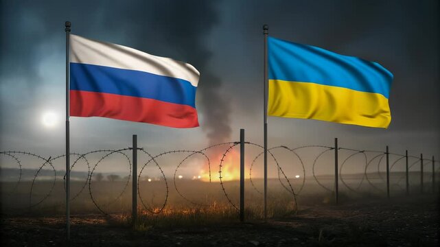 Russian and Ukrainian flags wave near a barbed wire fence under a dark sky fires burning in the distance symbolizing conflict international relations geopolitical tension war crisis