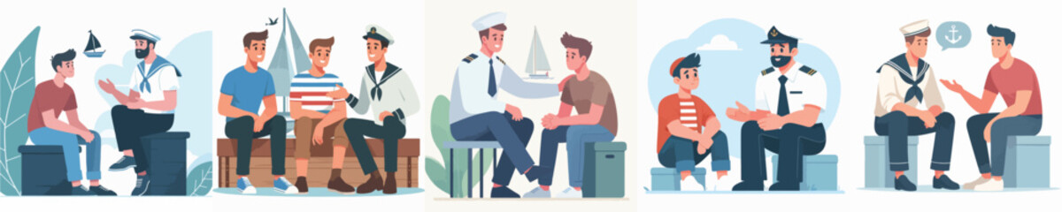 Obraz premium vector young man talking to sailor