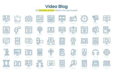 Video Blog line icon pack. Video Blog Stroke icon set. Editable Stroke icon