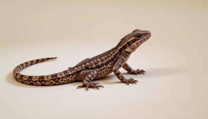 Fototapeta premium Detailed Portrait of a Brown Patterned Lizard Resting on a Light Background in Natural Habitat