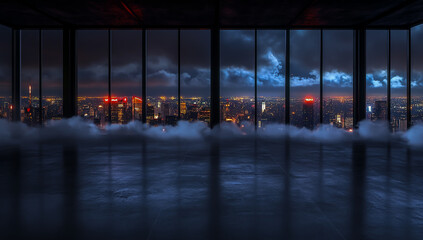 Fototapeta premium At night, a vast dark concrete floor stretches across the city's glittering skyline, with bright neon lights streaming through low clouds, creating a futuristic and eco-friendly cityscape.