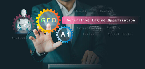 Keywords: GEO generative engine optimization, Businessmen use agentic Ai, icons on websites to rank search engines with assistants Artificial Intelligence data technology from the internet network