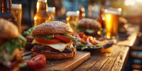 Delicious cheeseburgers and beers on wooden table at sunset outdoor gathering