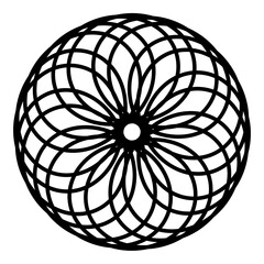 Intricate black floral mandala on a white field for meditation.