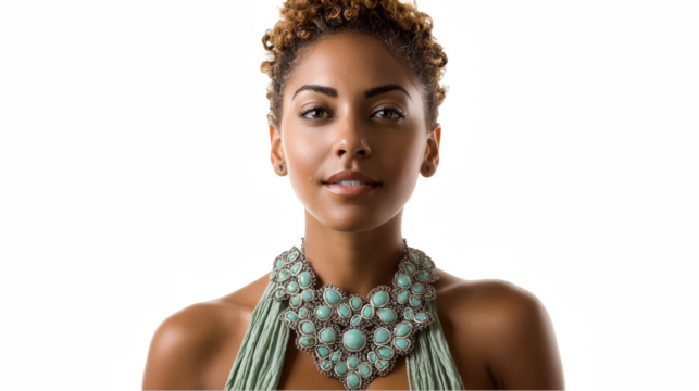 Studio portrait of a beautiful young light brown skinned woman wearing a fashionable outfit and turquoise necklace, posing on a transparent background