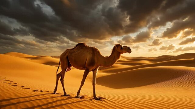 A camel walks across golden sand dunes under dramatic clouds at sunset. Low-angle shot captures the vast desert, ideal for a travel video. Live desktop wallpaper.